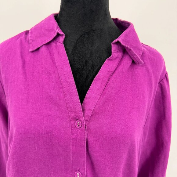 Vtg Linen‎ Shirt Womens 1X Button Up Top Purple Lagenlook V Neck Oversized Tunic - Picture 4 of 8
